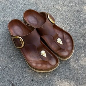 Birkenstock Leather Sandals with Gold Buckle